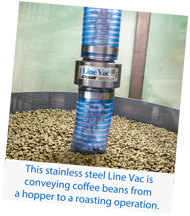 This EXAIR stainless steel Line Vac is conveying coffee beans from a hopper to a roasting operation.