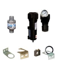 Heavy Duty Threaded Line Vac Kits include a Heavy Duty Threaded Line Vac, mounting bracket, filter separator and pressure regulator (with coupler).